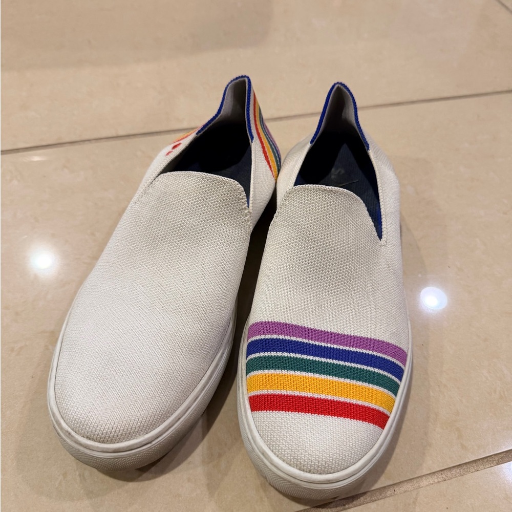 Rothy’s White Slip-On Shoes with Rainbow Stripes - Picture 2 of 7